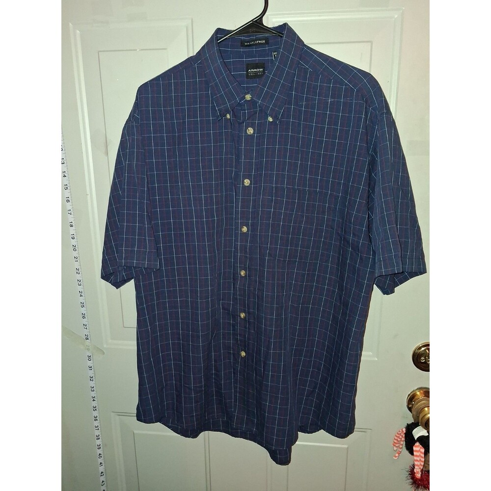 Arrow USA 1851 Men's Large Blue Windowpane Plaid Wrinkle Free Button Up Shirt...
